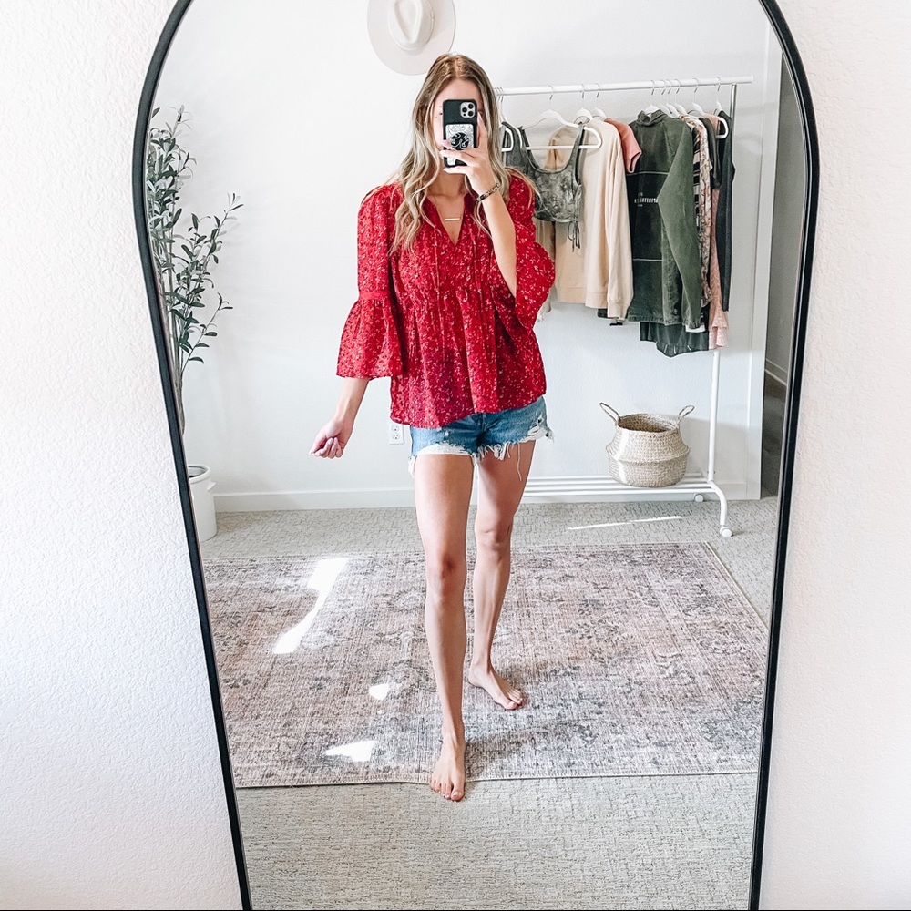 LUCKY BRAND Red Floral Chiffon BOHO Top - Picture 3 of 12